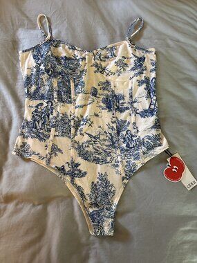 CIDER cream and blue toile corset bodysuit
